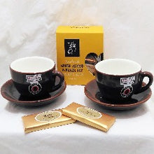 Load image into Gallery viewer, Cappuccino cup gift with two Maxwell Williams dark brown cappuccino cup and saucers, Molly Woppy biscotti and chocolate